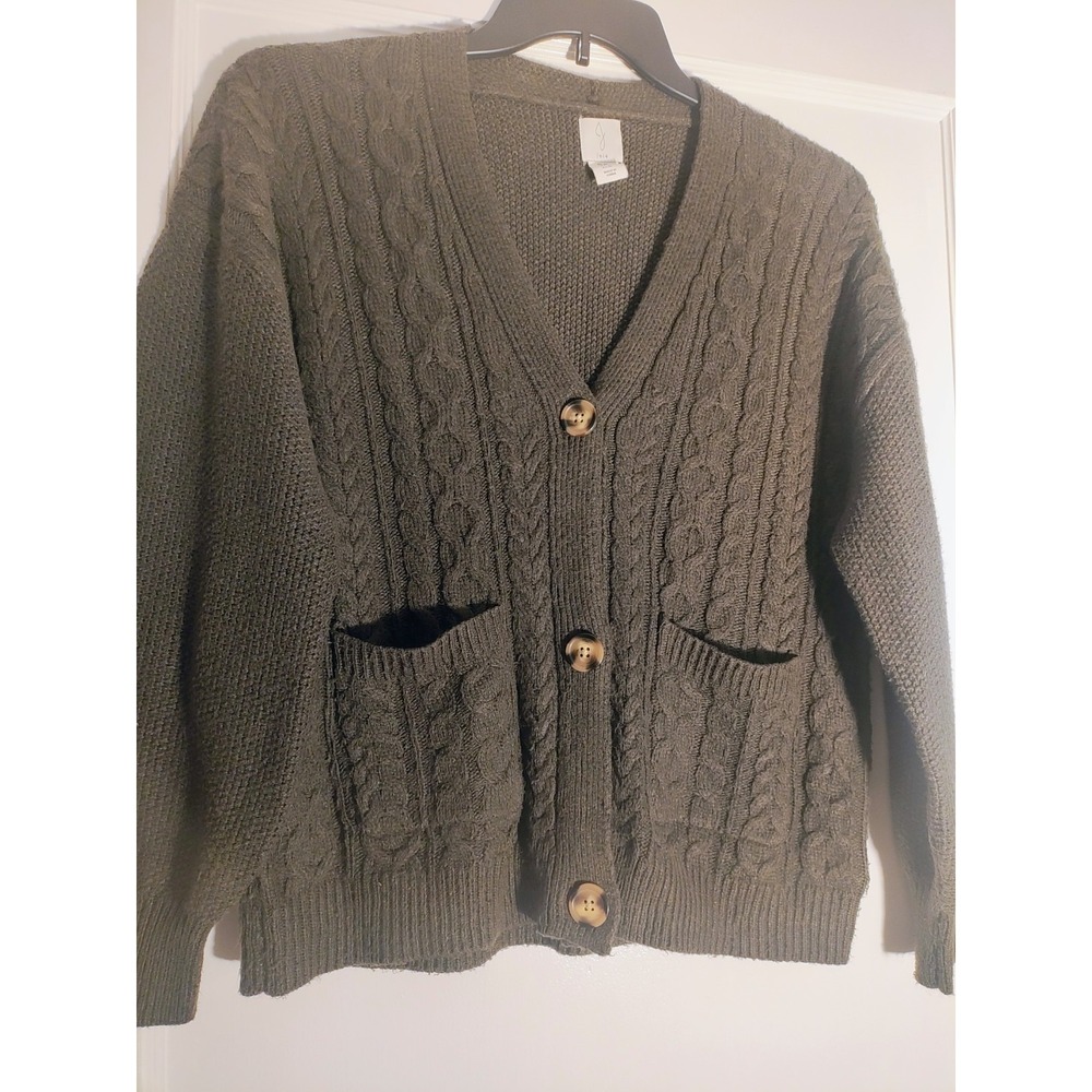 Joie Women's Medium Olive Green Cable Knit Cardigan Sweater Oversized Pockets